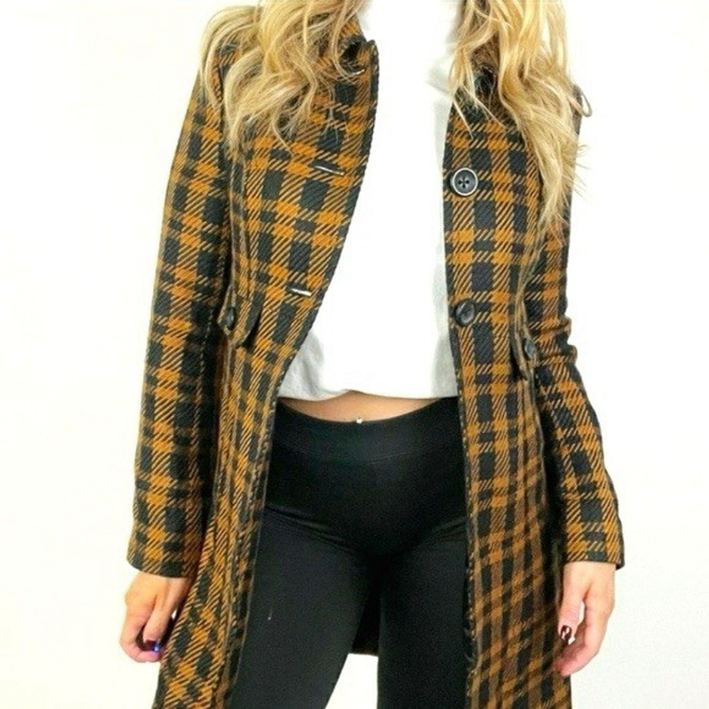 Apartment 9 Coat Longline 3 Button Houndstooth Gold/Black Size Large Poly/Wool